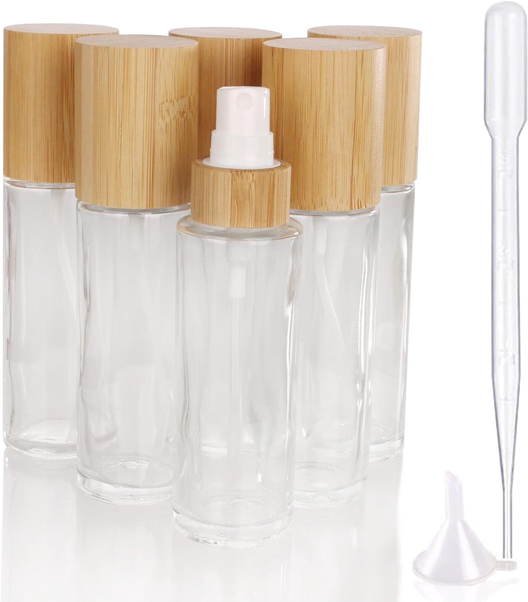 6 transparante glazen flessen met bamboedeksel, 60 ml, fijne nevelkop voor parfum en toner