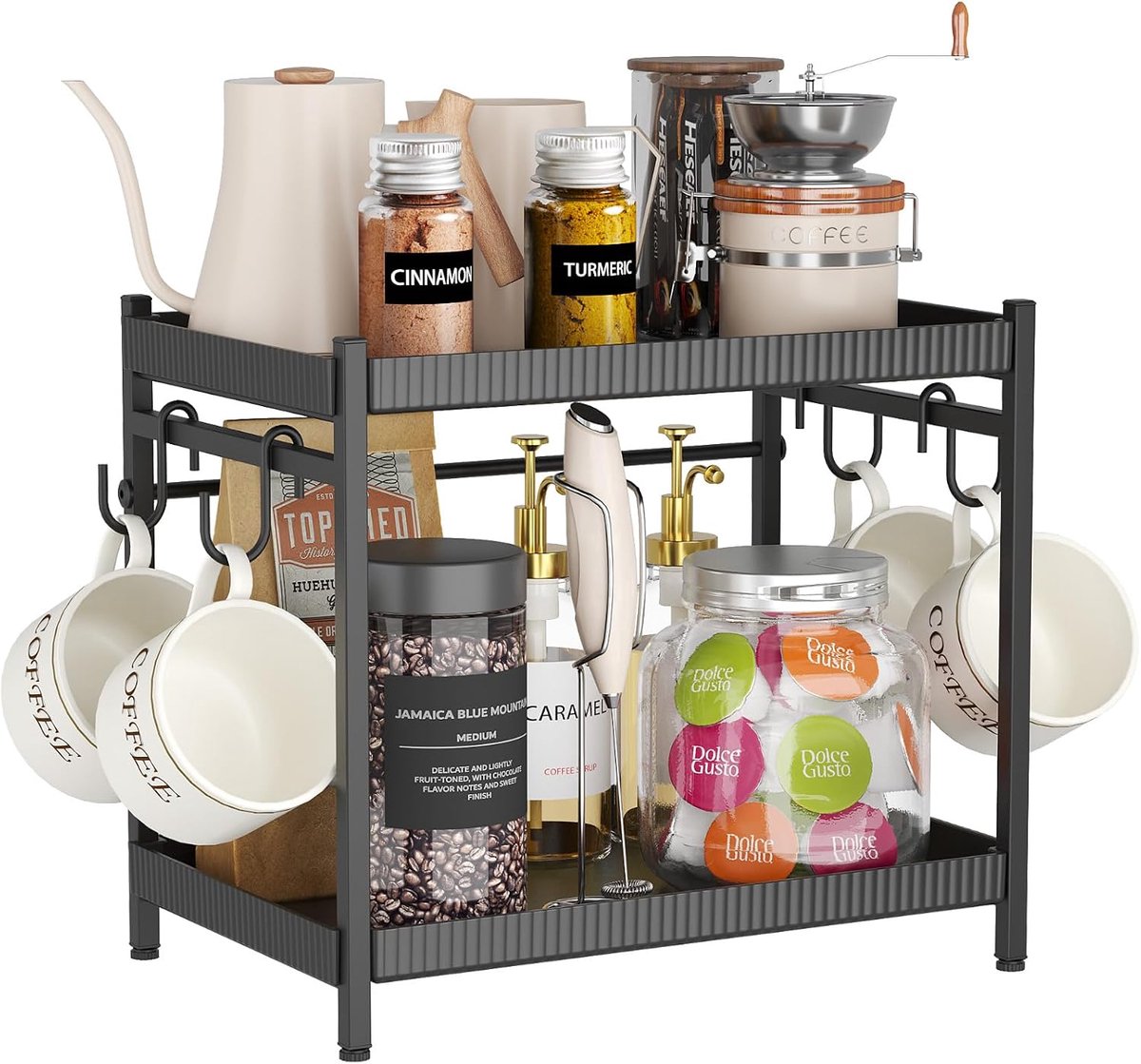 Koffie organizer 2 niveaus stabiel koffierek met 4 haken keuken opbergrek zwart 32,1 x 20,8 x 27 cm
