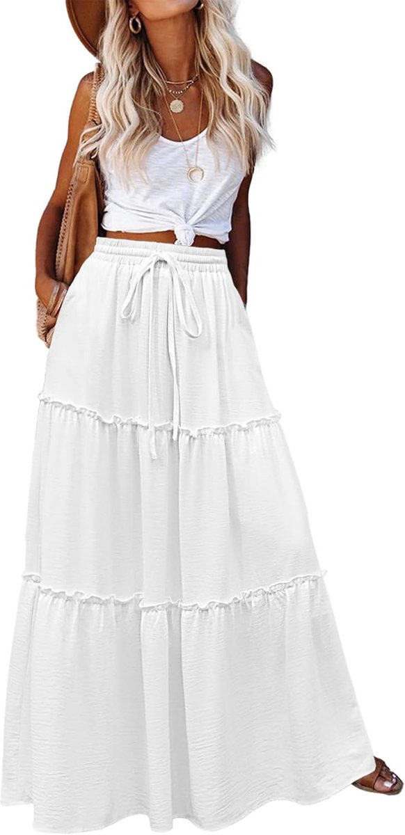 Zomerrok voor dames, hoge taille, elegante maxi-rok met trekkoord | A-lijn gelaagde zomerrok, bloemen, boho-rok, strandrok met zakken, rok voor dagelijks gebruik, vakantie, S-XXL