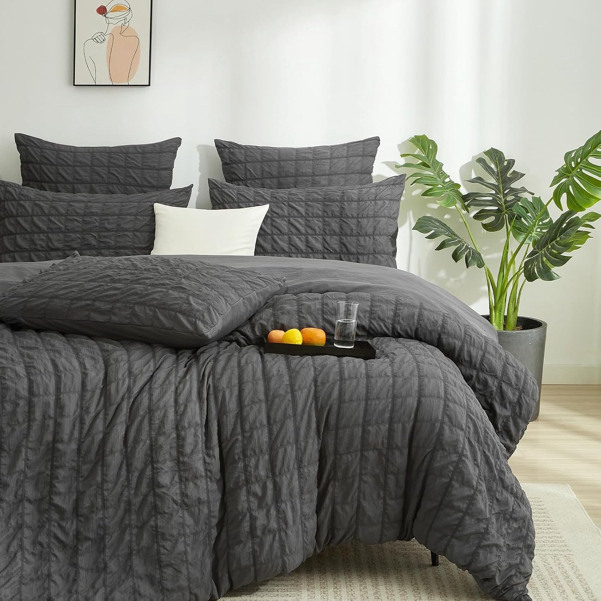 Beddengoed, 220 x 240 cm, gestreept grijs, modern seersucker rooster, 3-delig, zacht ademend microvezel beddengoedset met ritssluiting en 2 kussenslopen van 80 x 80 cm