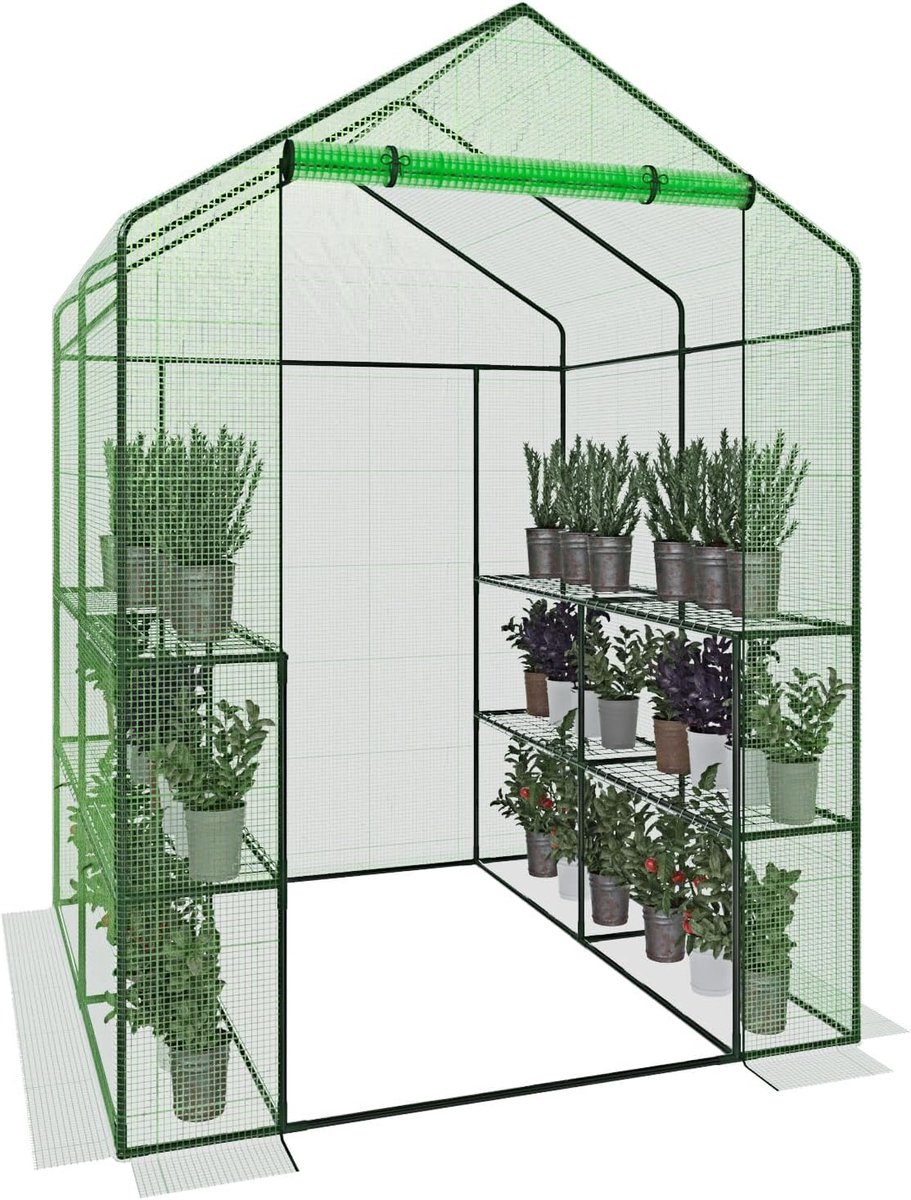 Tuinkas met planken - Kweekkas planten - Planten beschermen - 8 opbergplanken - 143 x 190 cm - Groen