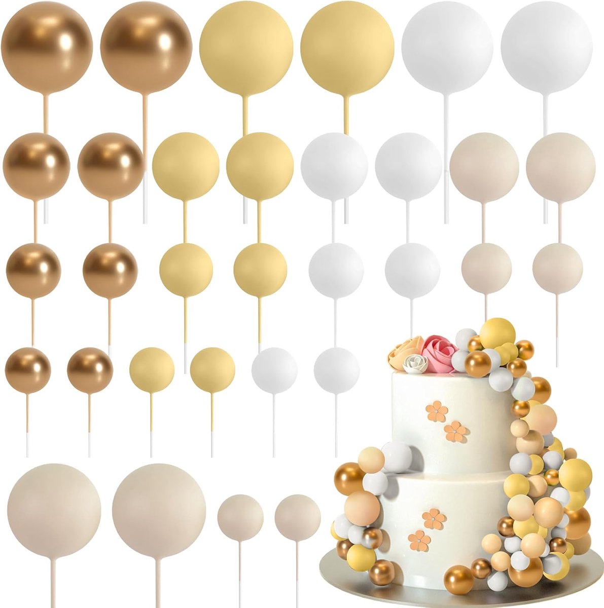 32 stuks baltaarttoppers, decoraties, mini-ballonnen, taarttopper, sticks, schuimballen, taartplectrums, taarttopper, ballen, taartdecoraties voor bruiloft, feest, verjaardagstaart, decoraties