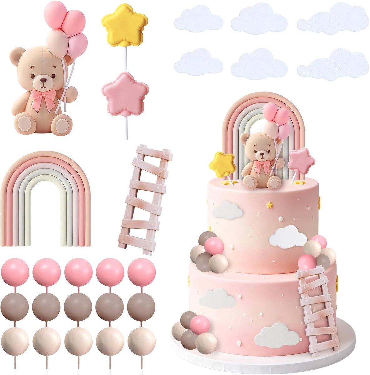 Beer, decoratieve ballen voor taarten, 26 stuks taartdecoraties, regenboogtaarten, taartdecoratie, sterren, wolken voor verjaardag, bruiloft, feest