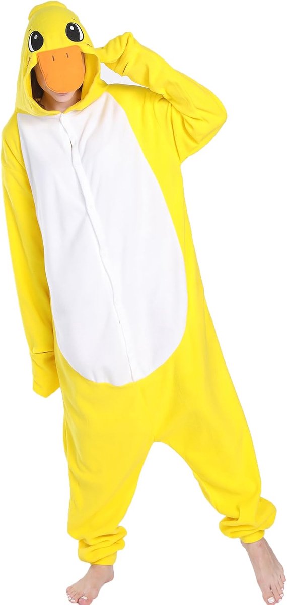 Gele eendenromper, voor volwassenen en tieners, Halloween, pyjama, dier, cosplay kostuum, eendelig, geel, S