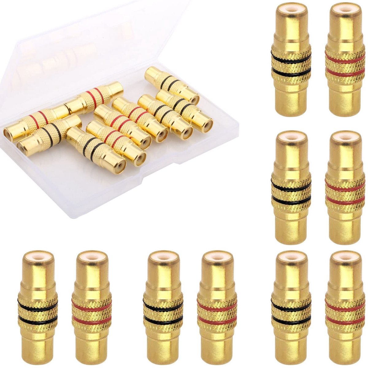 SnelShoppen - 10 Stuks RCA Audio Video Adapter, Cinch Coupler, Bushing naar Bushing, 2 x RCA Connector, Goud Geplated, Compact en Ruimtebesparend