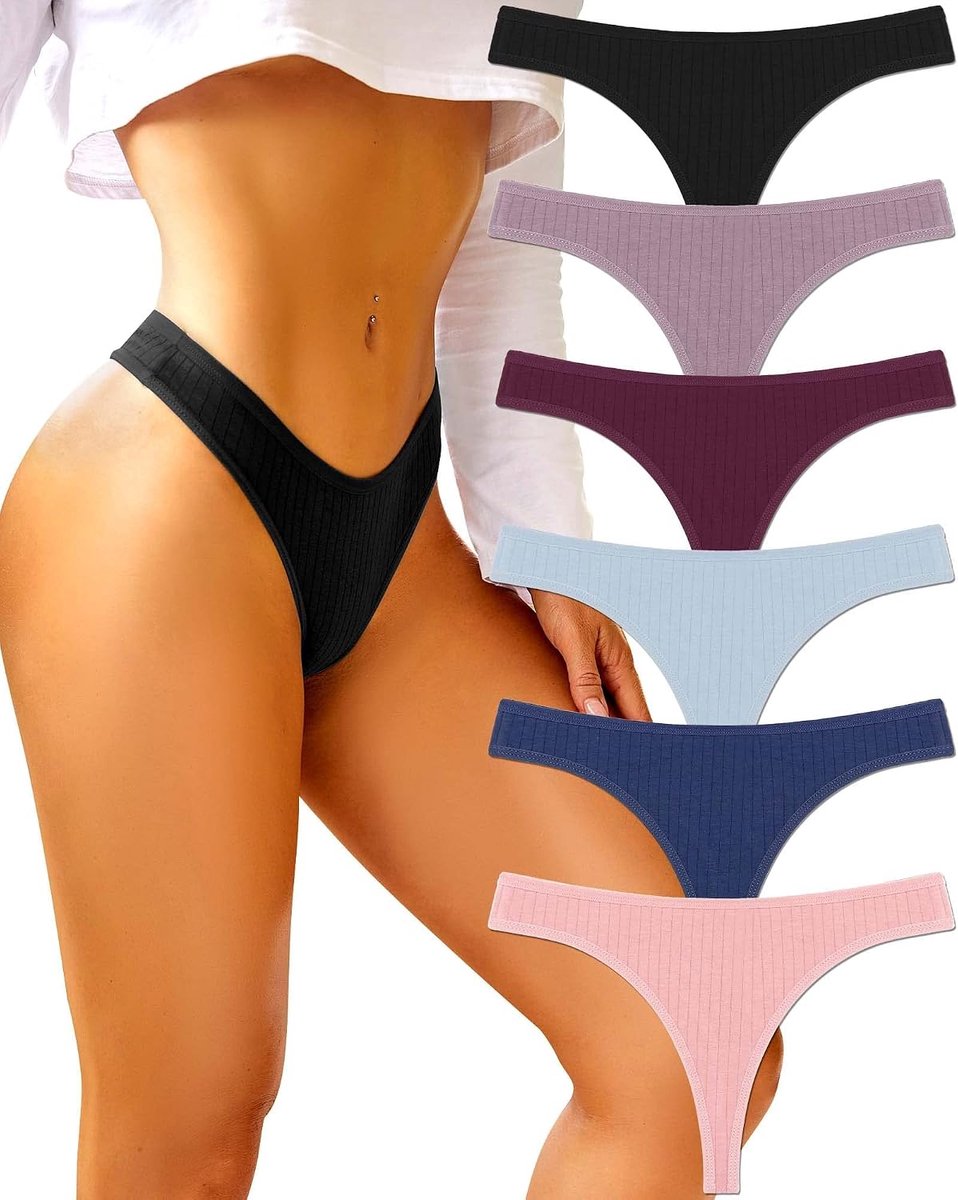 SnelShoppen - Set van 6 vrouwen thongs, sexy damesondergoed van katoen, maat S tot XL, kleurrijke en comfortabele slipjes voor elke gelegenheid
