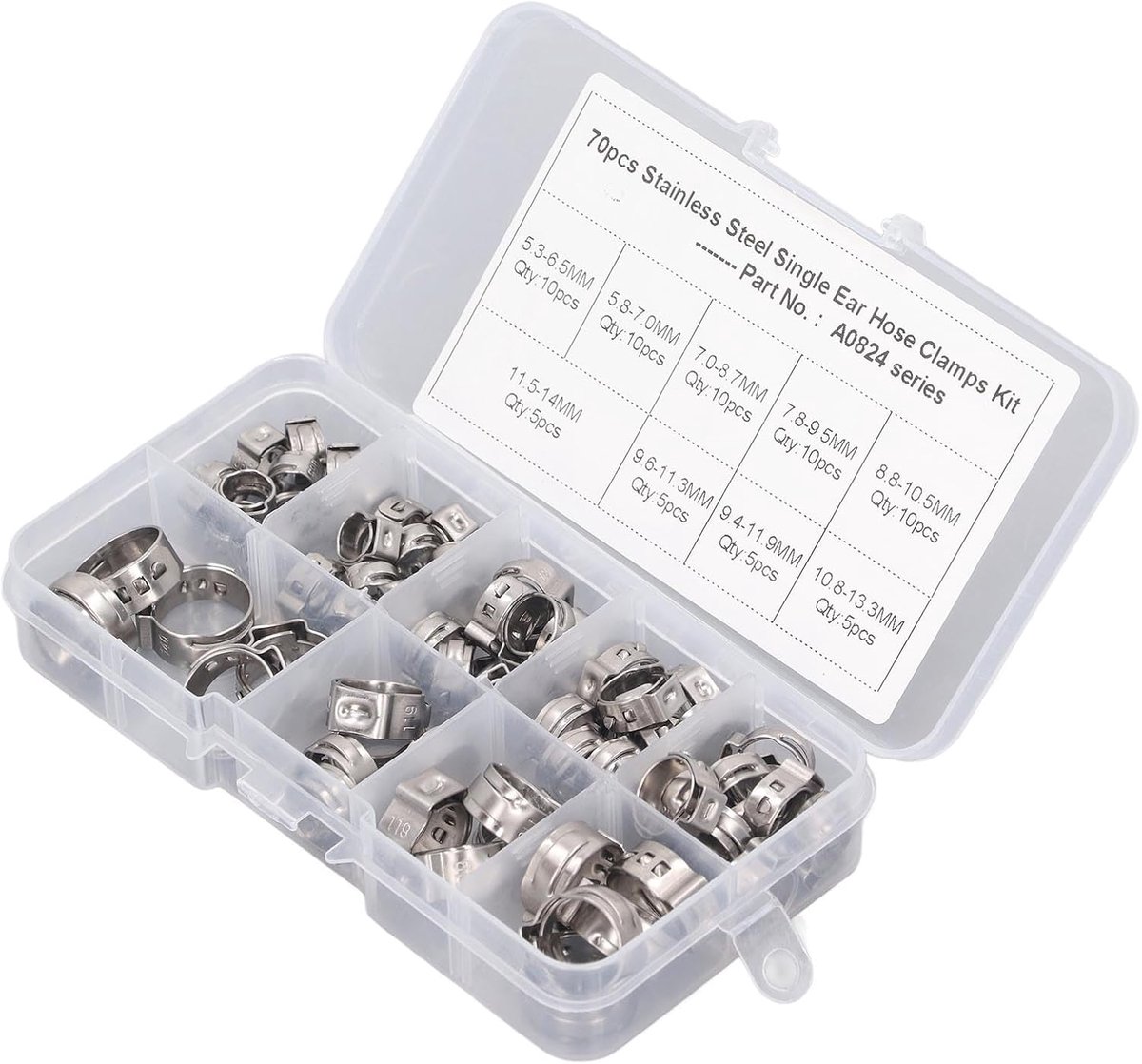 SnelShoppen - Single Ear Slangklem Set - 70 Stuks RVS Slangklemmen Assortiment - Stepless Slangklemmen 9 Specificaties - Ideaal voor Tuin, Keuken en K