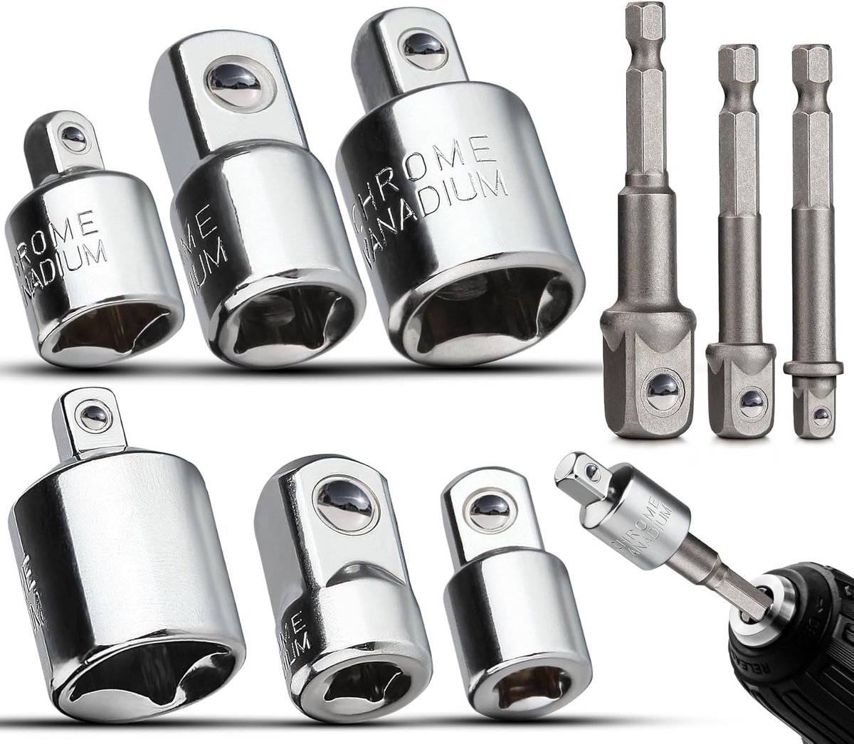 Socketadapter set 9-delig - reducer voor 1/4" tot 1/2" - verschillende maten - eenvoudig wisselen van steeksleutels - ShopVlot
