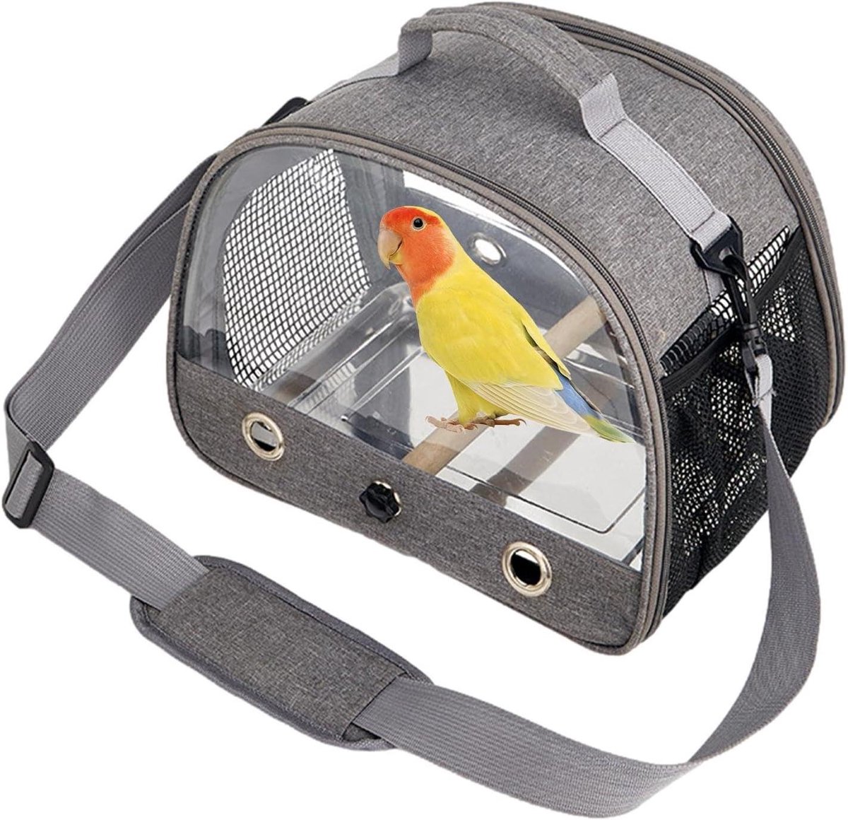Vogelkooi Reistas - Draagbare Transportkooi - Vervoer Huisdieren - Panoramisch Uitzicht - 39 x 28 x 7 cm - Grijs