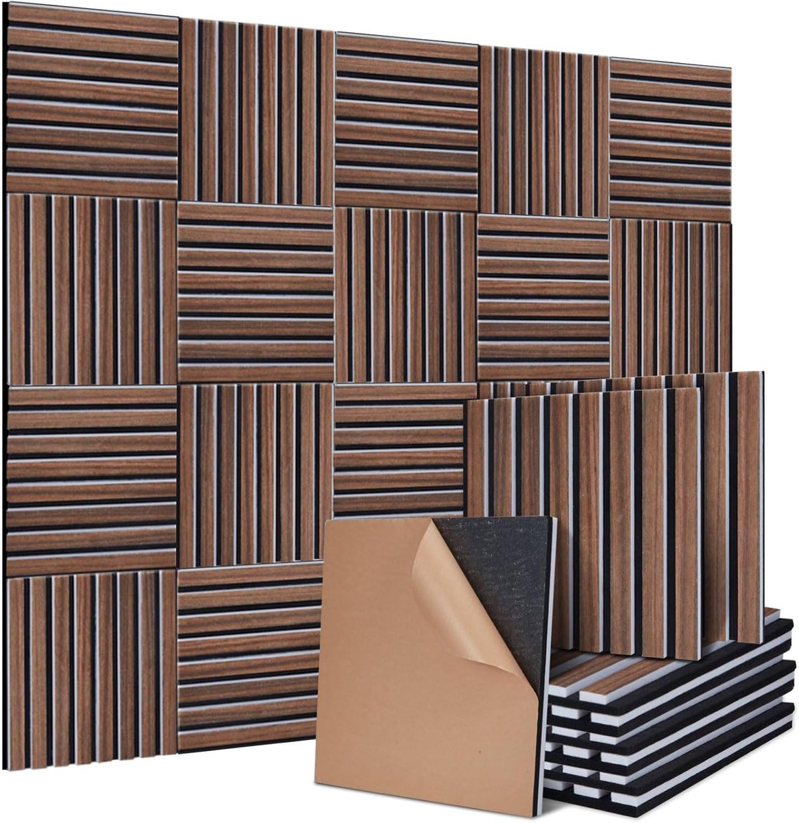 SnelShoppen - Set van 4 Vierkante Geluidsabsorberende Panelen Zelfklevende Geluidspanelen 30 x 32 cm Walnoot Vezelplaat op Geluidsabsorberend Vilt Wan