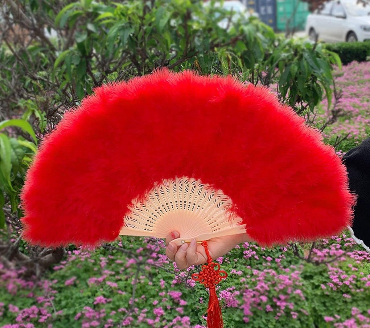 SnelShoppen - Vouwbare Handwaaier met Veren - Retro Handfan - Vrouwen Accessoire voor Bruiloft, Halloween, Feest, Buiten, Kostuum - 50x30cm - 1 Stuk