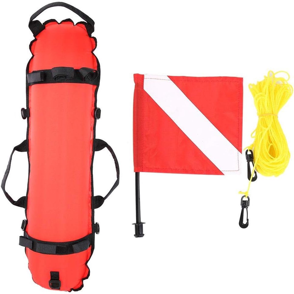 SnelShoppen - Duikmarkeringsboei - Opblaasbare Signal Float Ball met Duikvlag - Inclusief 20m Rope en D-ringen - Ideaal voor Duiken en Speervissen