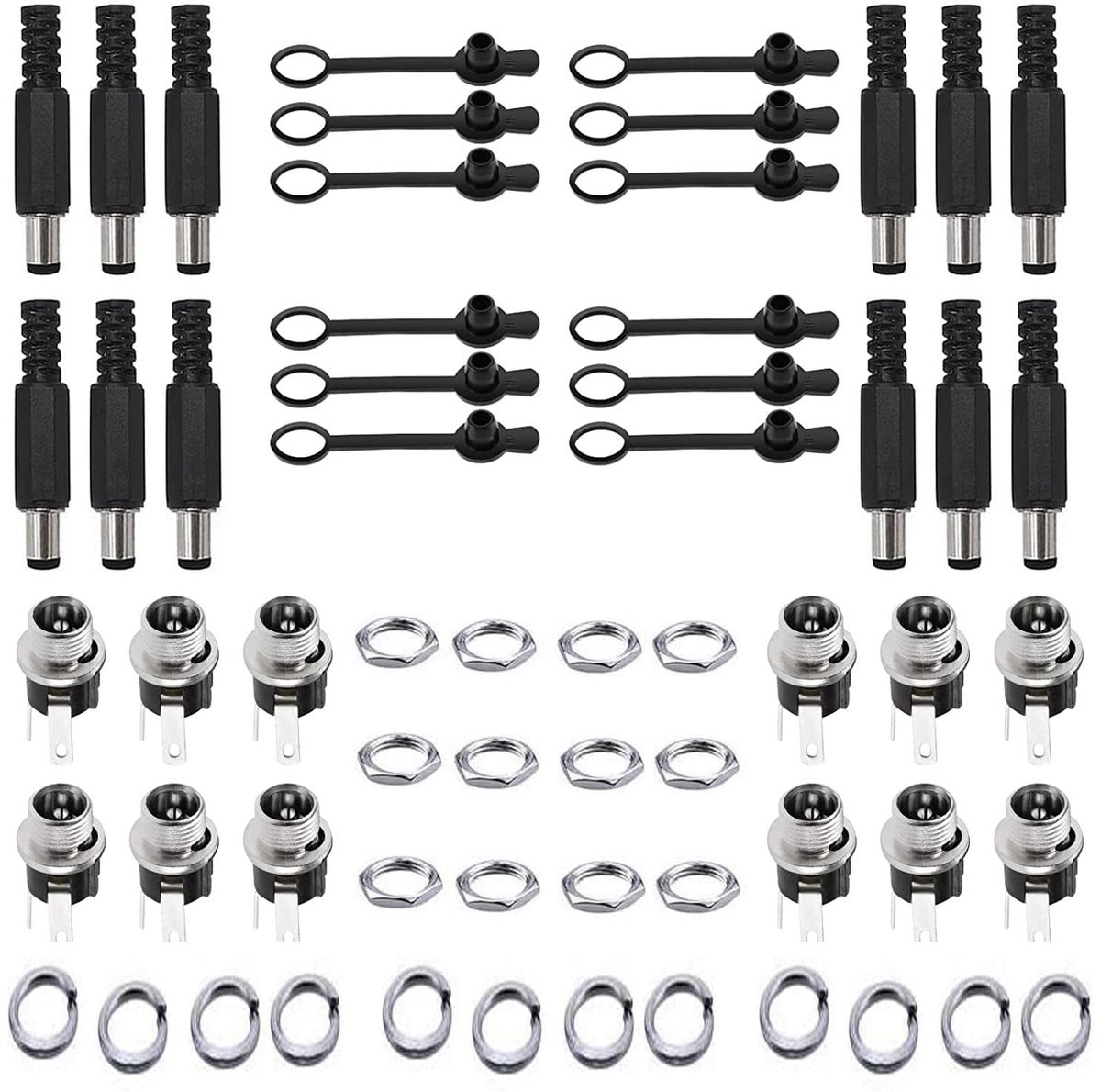 SnelShoppen - DC Stekker, Tubulaire Plug met Solder Connector, 5.5 mm x 2.1 mm, Draadplug, Rubber Beschermkleppen, Zwart en Zilver voor Media Spelers
