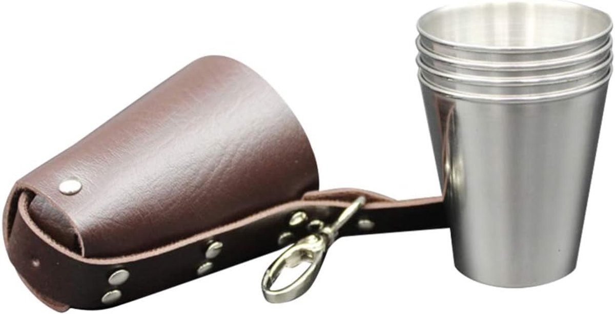 SnelShoppen - 5-delige roestvrijstalen shotglazen met leren tas - ideaal voor feesten, bars, restaurants, en meer - perfect voor whisky, vodka, koffie