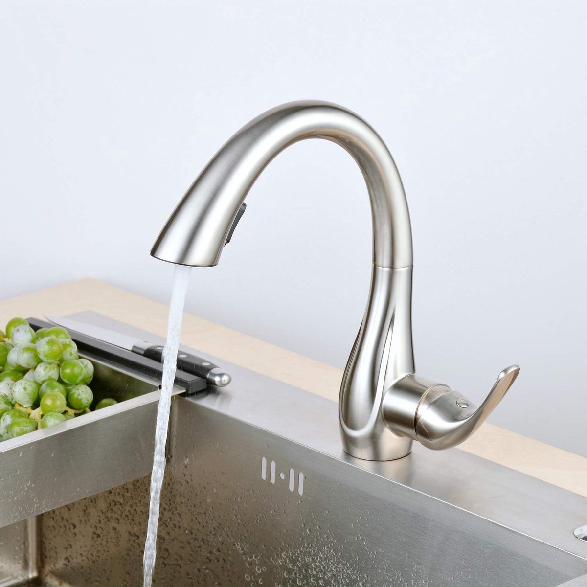 Kitchen Faucet, Brushed Nickel Swivel Spout Kitchen Sink Faucet Mixer with Pull-Out Sprayer, Double Water Levels - ShopVlot