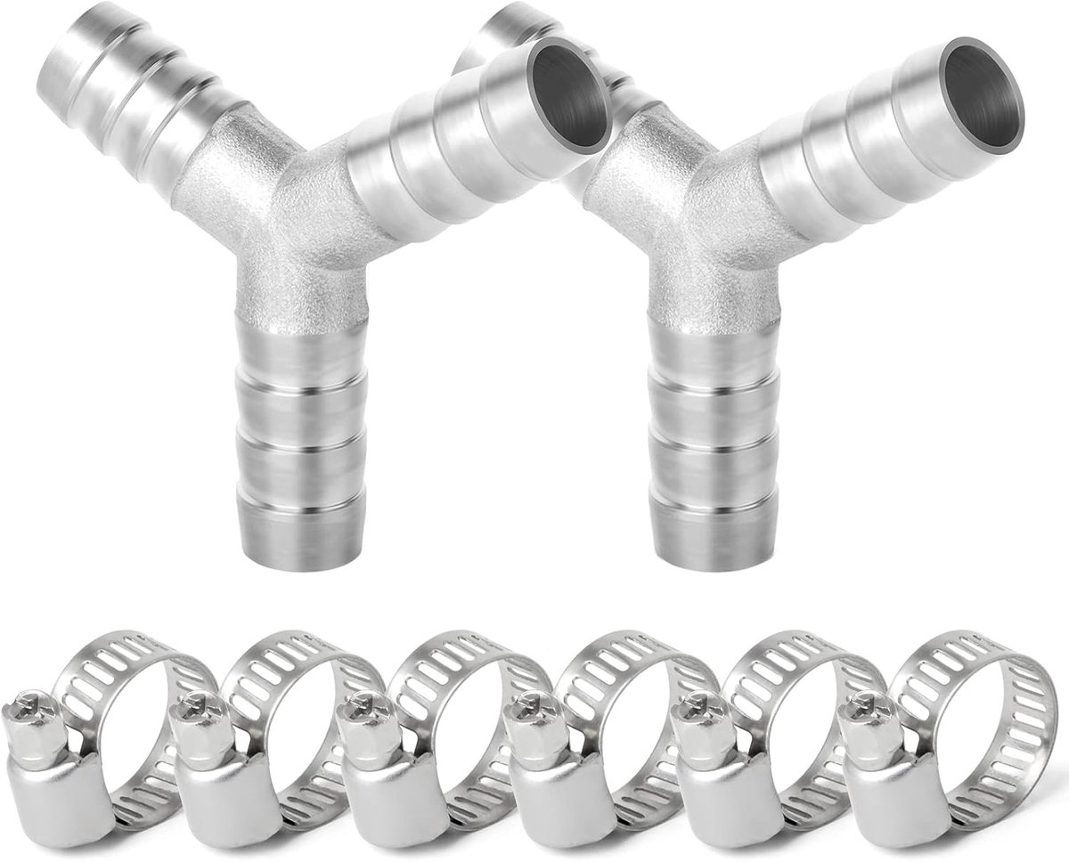 SnelShoppen - 2 Stuks 10mm RVS Slang Pivot, 3-Weg Y-Vormige SUS 304 Slangfitting met 6 Stuks Klemmen voor Tuin, Keuken en Camping