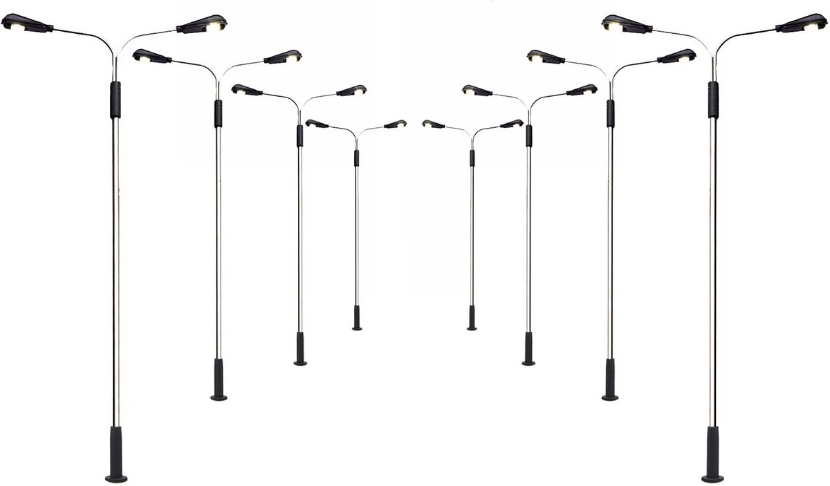 SnelShoppen - 8 Stuks Model Spoorweg Trein Lampen LED Straatverlichting Metalen Dubbelkop Lampen HO OO Schaal Miniatuur Decoratie