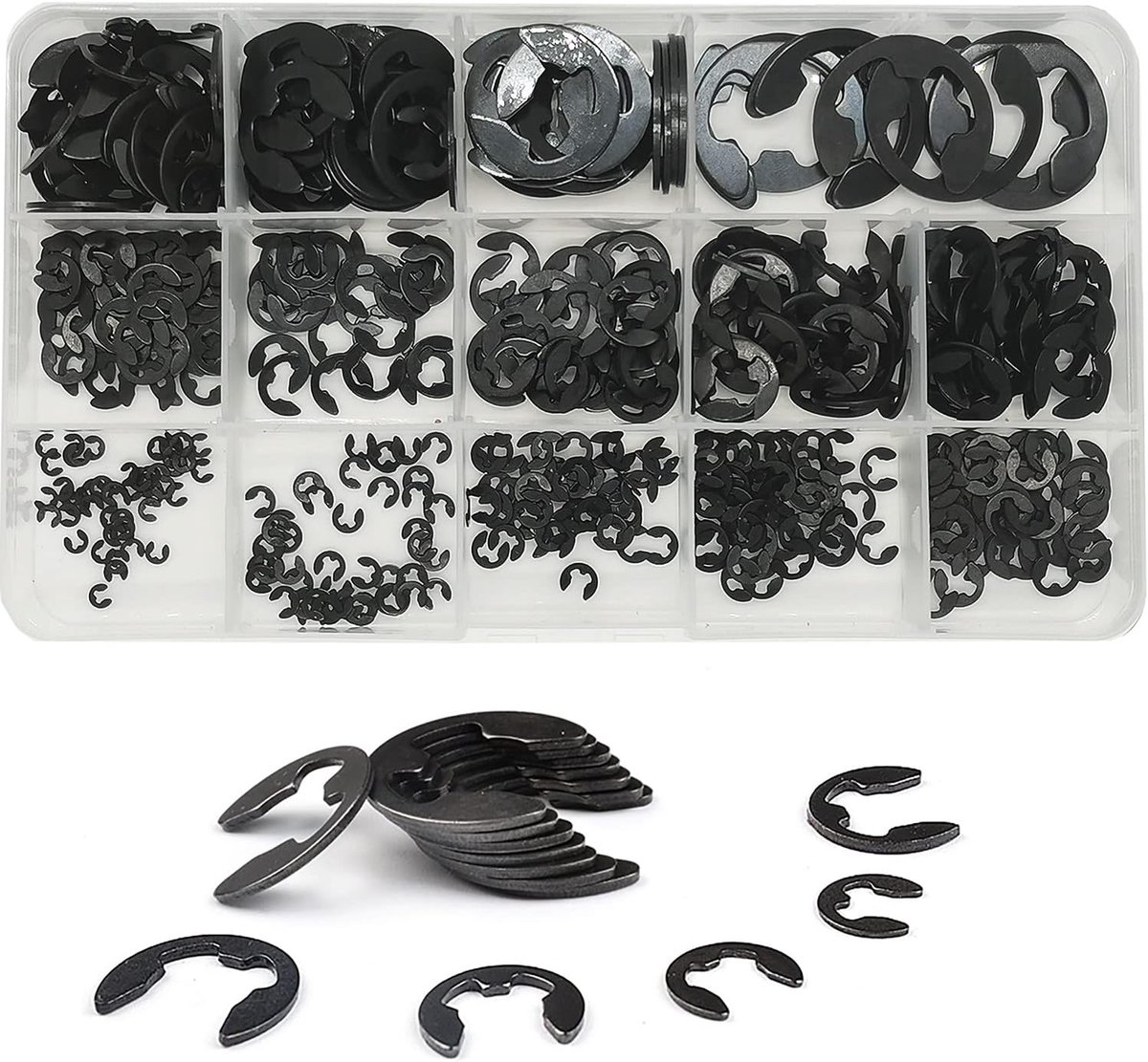 500pcs 14 sizes Ø1.5-Ø15mm black alloy steel e-clip external retaining clamps ring clip snap holder rings assortment - ShopVlot