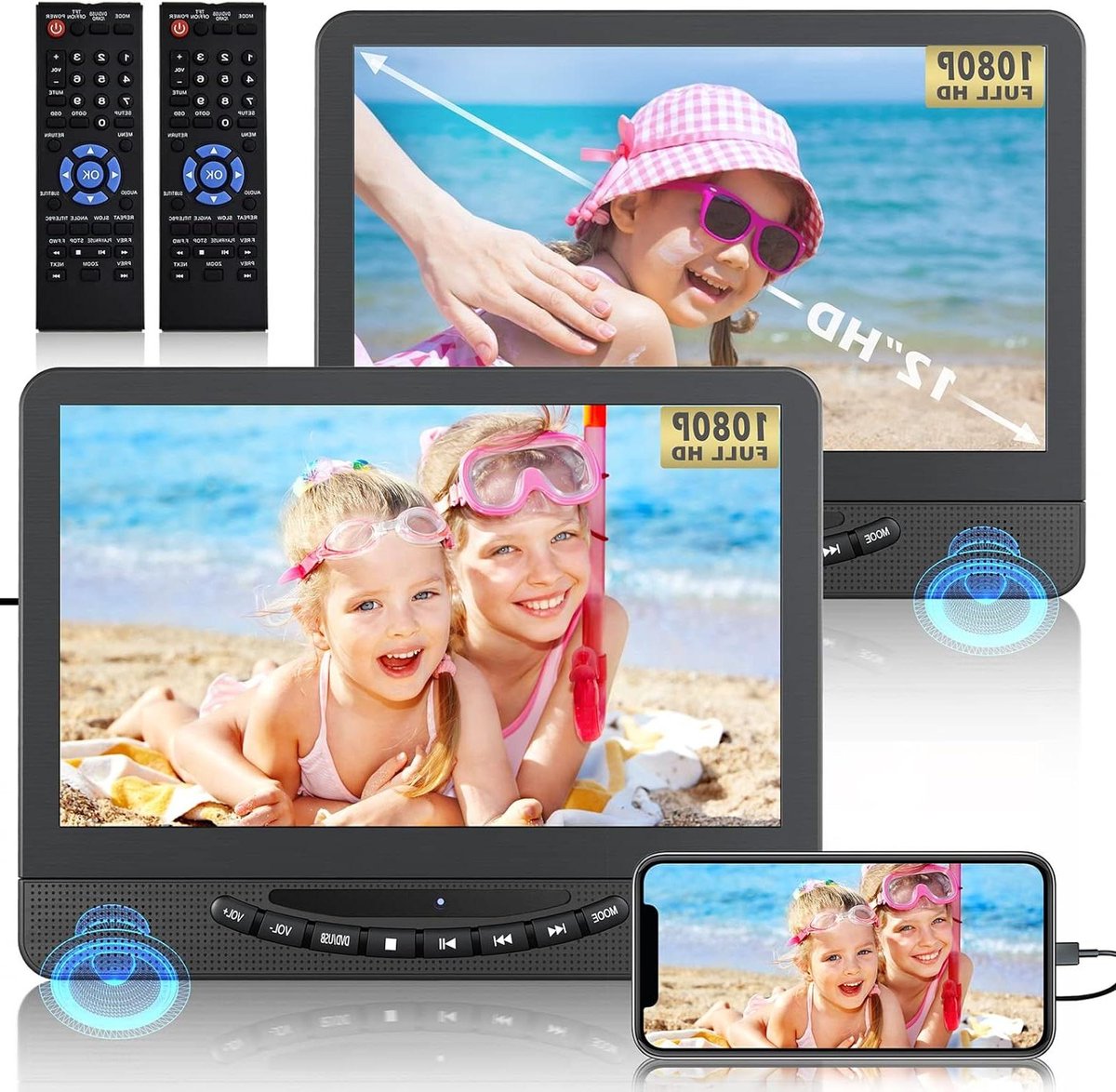 Dubbele DVD Speler - Filmscherm Auto - Reizen met Kinderen - Full HD 1080p - 12 Inch Scherm - Zwart