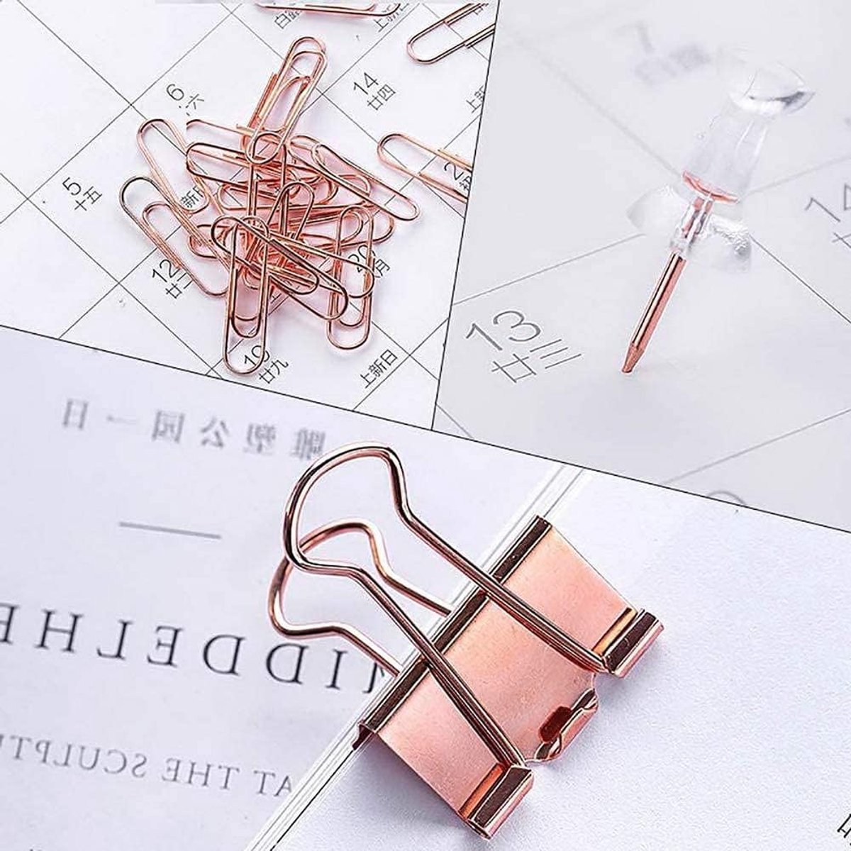 SnelShoppen - 500PCS Roze Gouden Kantoorbenodigdheden, Speldjes + Transparante Duimspijkers + Papierclips + Binderclips + Metalen Clips voor Kantoor,