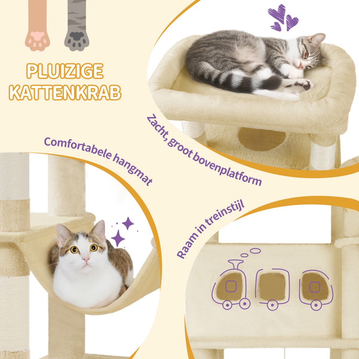 Hzuaneri Krabpaal groot, 170 cm, kattentoren voor maine-kat, grote kat, meerlaagse krabpaal met grote zitstang, wasbare mat, kattenhuismeubel met 2 holletjes, 8 krabbomen, Beige thumbnail 6