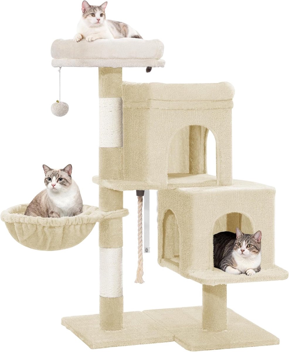 Hzuaneri Krabpaal, 95 cm kleine kattenboom, ruime en stabiele, verstelbare basis, met zacht groot platform, pluche ballen, holletjes, krabzuilen, kattenmand, sisaltouw, beige