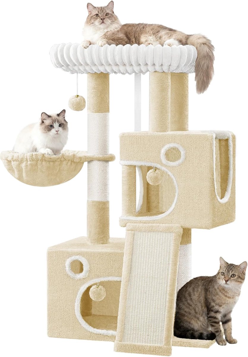 Hzuaneri Kattenboom, 98cm Kleine Kattenboom, Ruim en Stabiel, met Zacht Groot Platform, Pluchen Ballen, Grotten, Krabpalen, Katten Krabplank, Beige