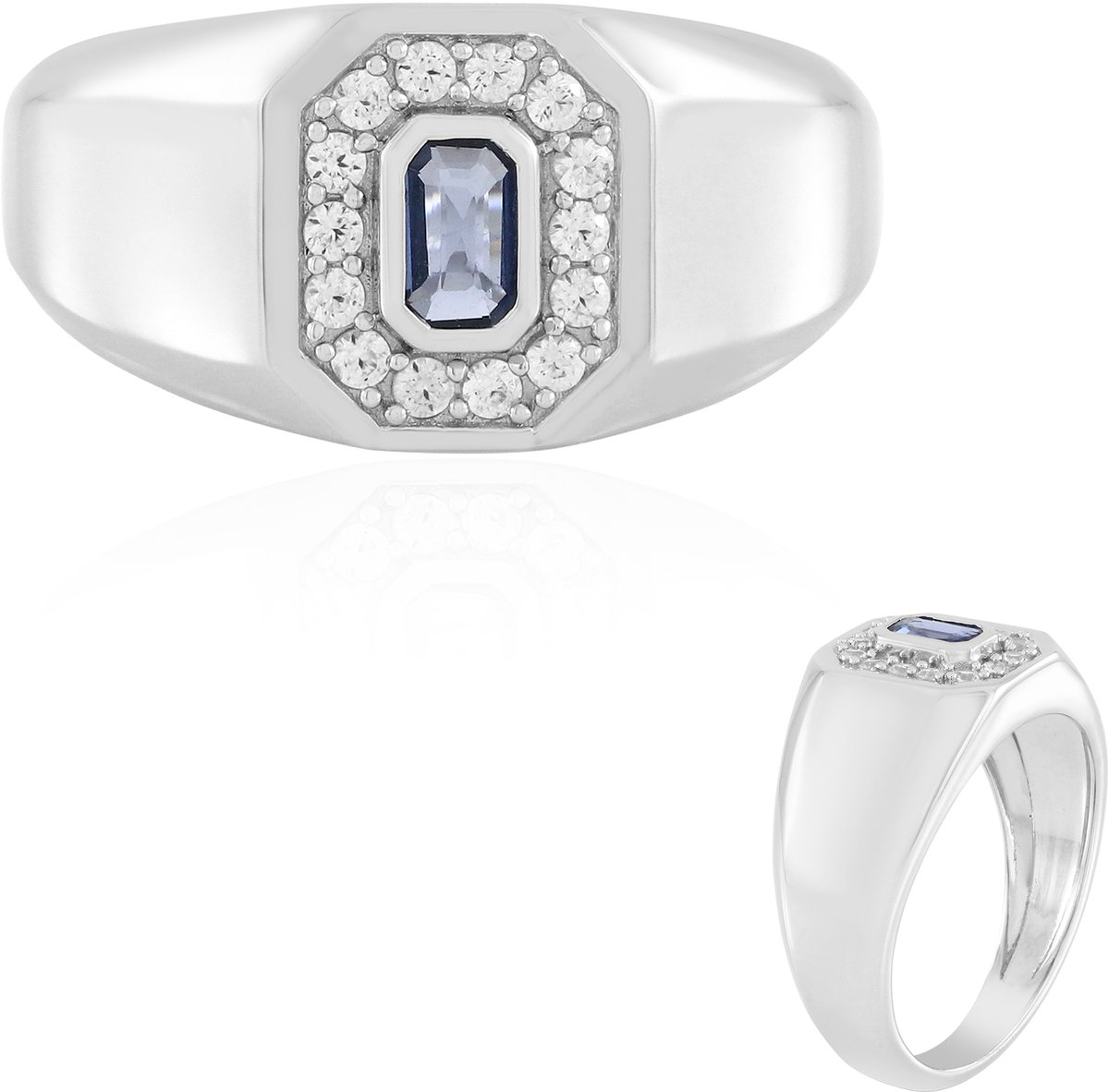 Cavill - Elegante ring 925 sterling zilver met platina - Blauwe Ceylon saffier 0.274 ct achthoekig - 14 Cambodjaanse zirkonia 0.294 ct