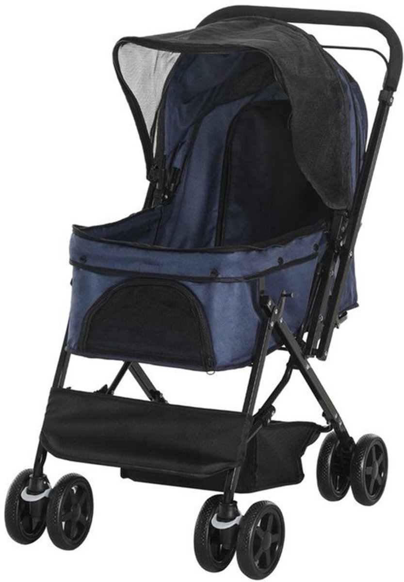 Hondenwagen – Hondenbuggy – Huisdierenwagen – Dierenbuggy – Kleine Honden Buggy – Blauw – Verstelbare Kap – Inklapbaar Met Veiligheidshaak