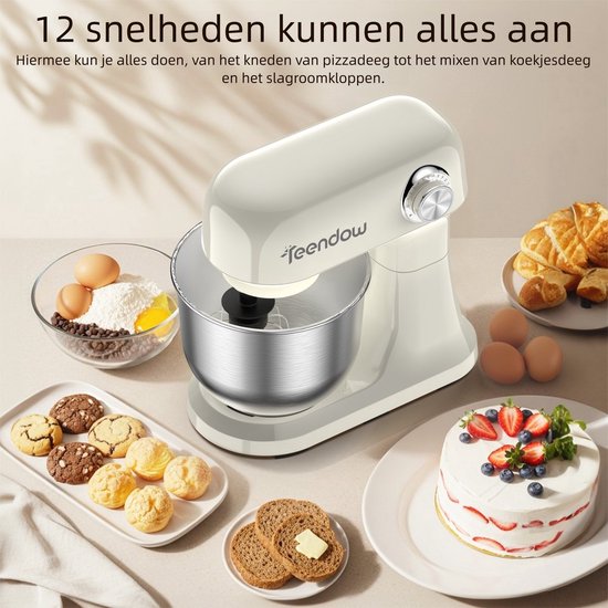 Teendow SM‑B03C Keukenmachine - 1500W Staande Mixer met 12 Snelheden - 5L RVS Kom - Kantelbare Kop - Voor Deeg Kneden, Taartbeslag en Room - Vaatwasserbestendig voor Thuisbakken van teendow — afbeelding 4