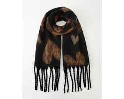 Nouka - Dikke Winter Sjaal - Harten print - Herfst Kleuren - met Franjes - Cadeau voor Vrouwen - 45 x 180 cm