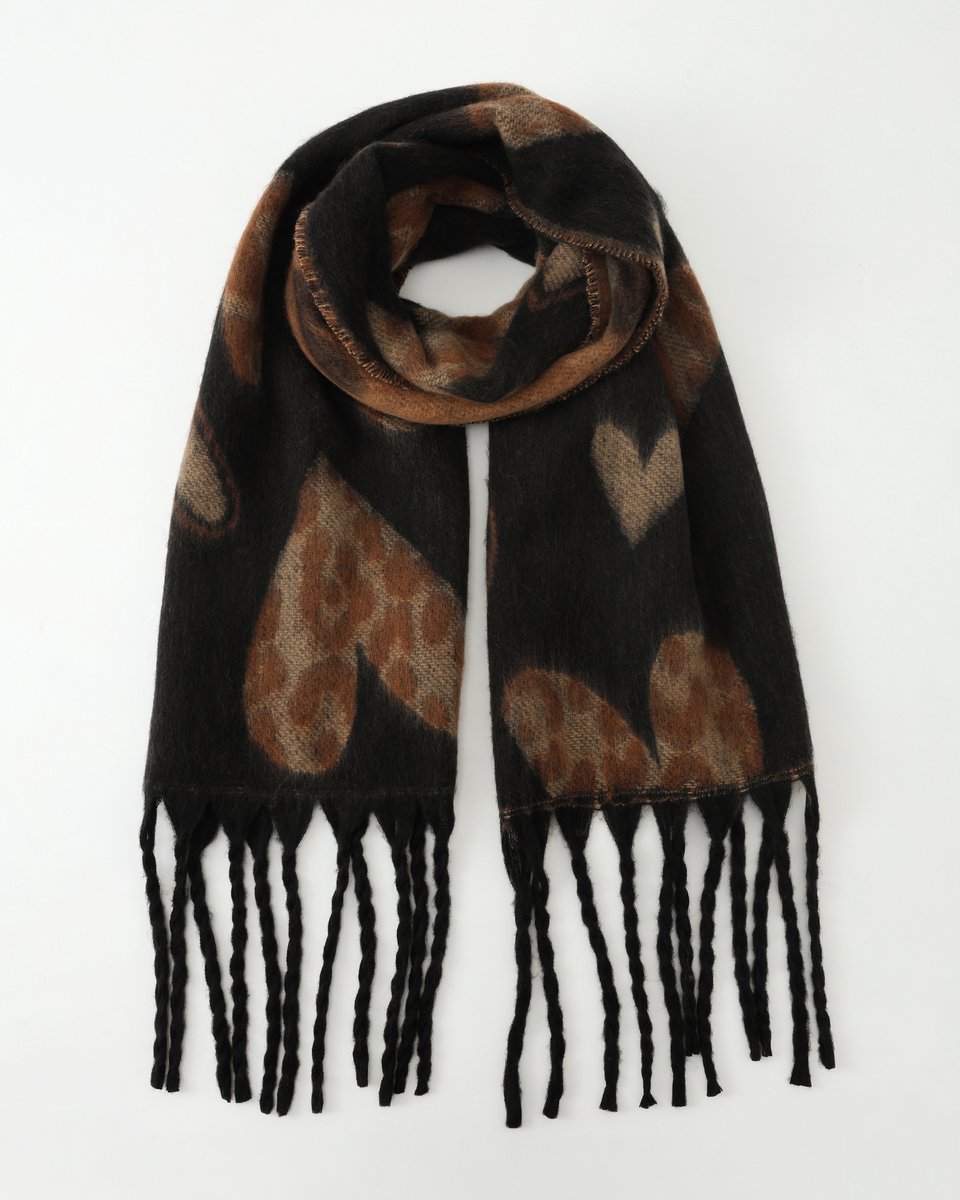 Nouka - Dikke Winter Sjaal - Harten print - Herfst Kleuren - met Franjes - Cadeau voor Vrouwen - 45 x 180 cm