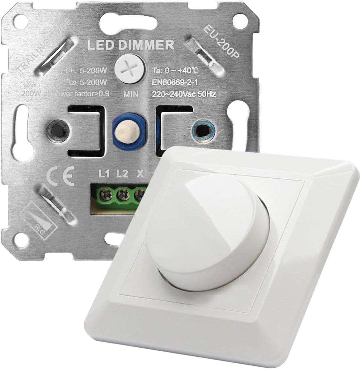 SnelShoppen - LOMUG LED Dimmer Switch - Draaiknop Dimmer voor Dimbare LED's en Halogeen 5-200W - Wit Flush-Mounted 230V - Geluidloos en Flikkervrij