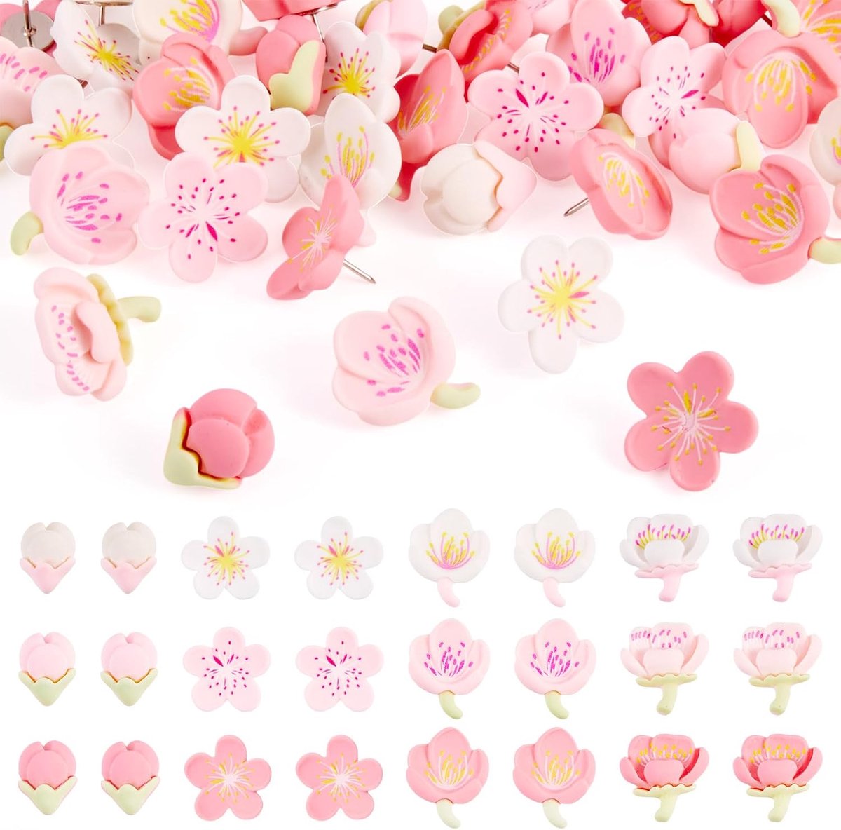 Tekenpinnen 48 stuks - Roze bloemen - Prikbord duim tacks - Perfect voor posters en foto muur - ShopVlot