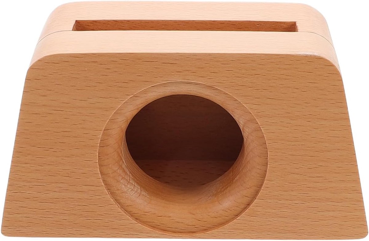 SnelShoppen - Houten standaard voor mobiele telefoon speakers en versterker, trapeziumvormige desk houder met gat voor handgemaakte houten decoratie