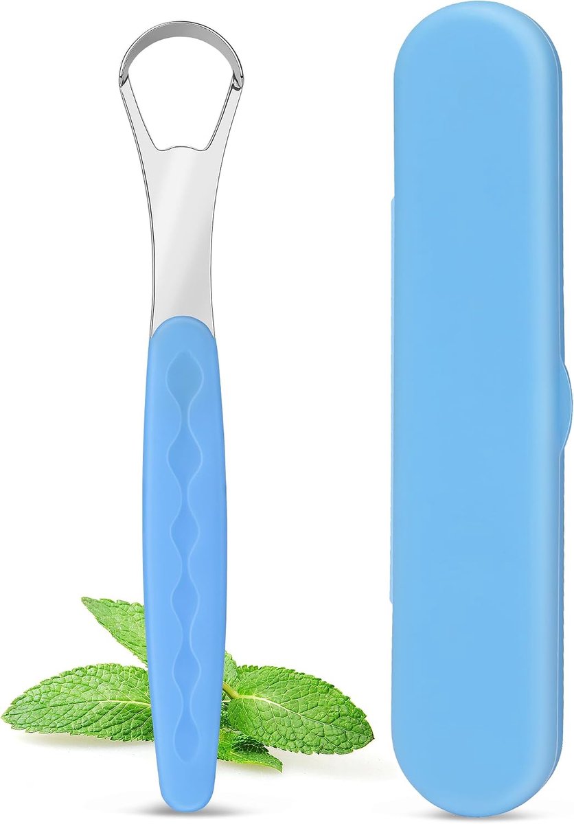 SnelShoppen - Tongue Scraper voor Volwassenen met Opbergetui voor Dagelijks Gebruik, RVS Tongschraper met 2,2 cm Breed Hoofd, Lichtblauw, Voor Goede M