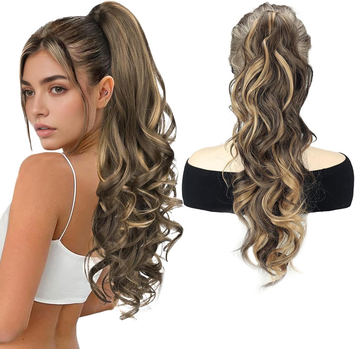 Curly Wavy Long Hairpieces Women's Ponytail Hair Extension with Clips Ombre Light Brown Blonde - ShopVlot