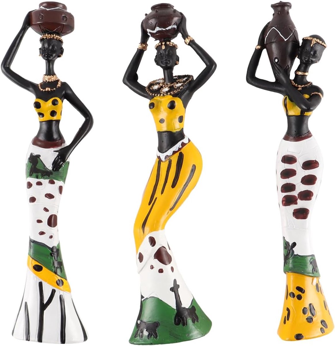 SnelShoppen - Set van Drie Afrikaanse Sculpturen, Hand geschilderde Tribal Vrouwen Beelden van Hars, Decoratie voor Woonkamer, Studie, Slaapkamer, Cul
