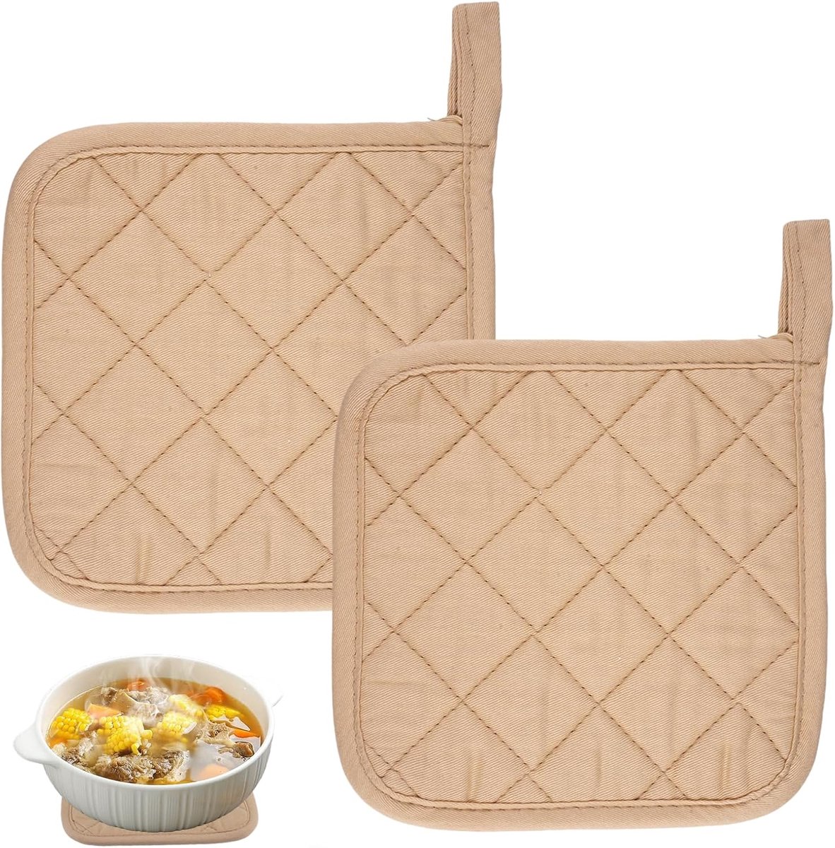 SnelShoppen - Potlappen Set van 2 Warmtebestendige 18 x 18 cm Katoenen Pannenlappen met Ophangoog voor Koken, Bakken, Bescherming van Handen tegen Het