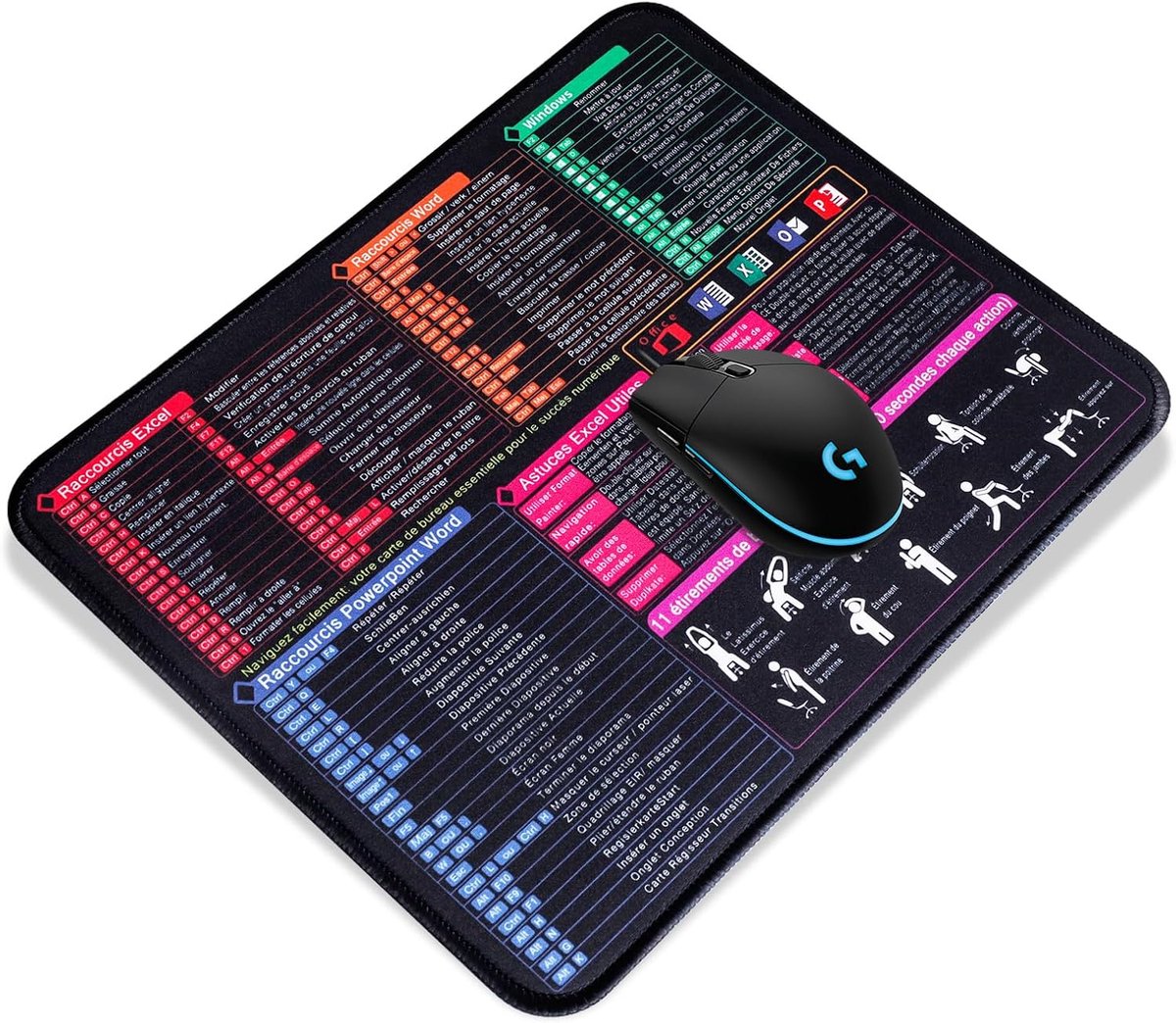 SnelShoppen - Grote Muismat met Franse Excel Toetscombinaties, Antislip Muismat voor Kantoor en Studie met Gestikte Randen, Waterproof en Dikke (L)