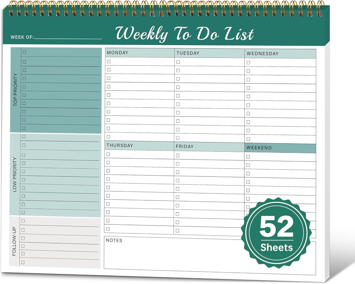 SnelShoppen - Weekly To-Do Lijst Prioriteiten Notitieboek, 8.5"×11" Ongeorganiseerde Weekplanner voor School, Kantoor, Gezin, Groen, 12 Maanden