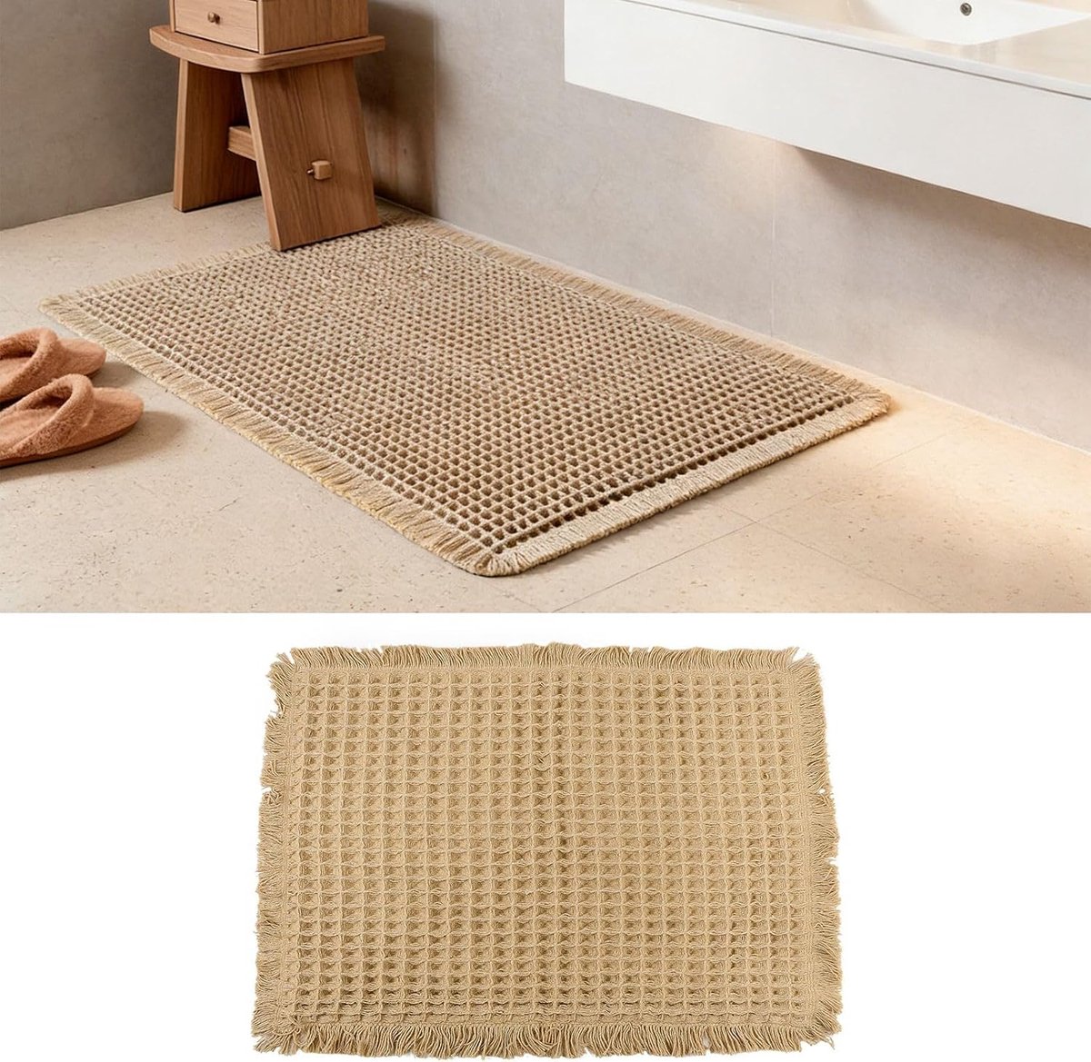 Badmat 63 x 41 cm - waffle structuur - bruin met franjes - absorberend en snel drogend - ShopVlot