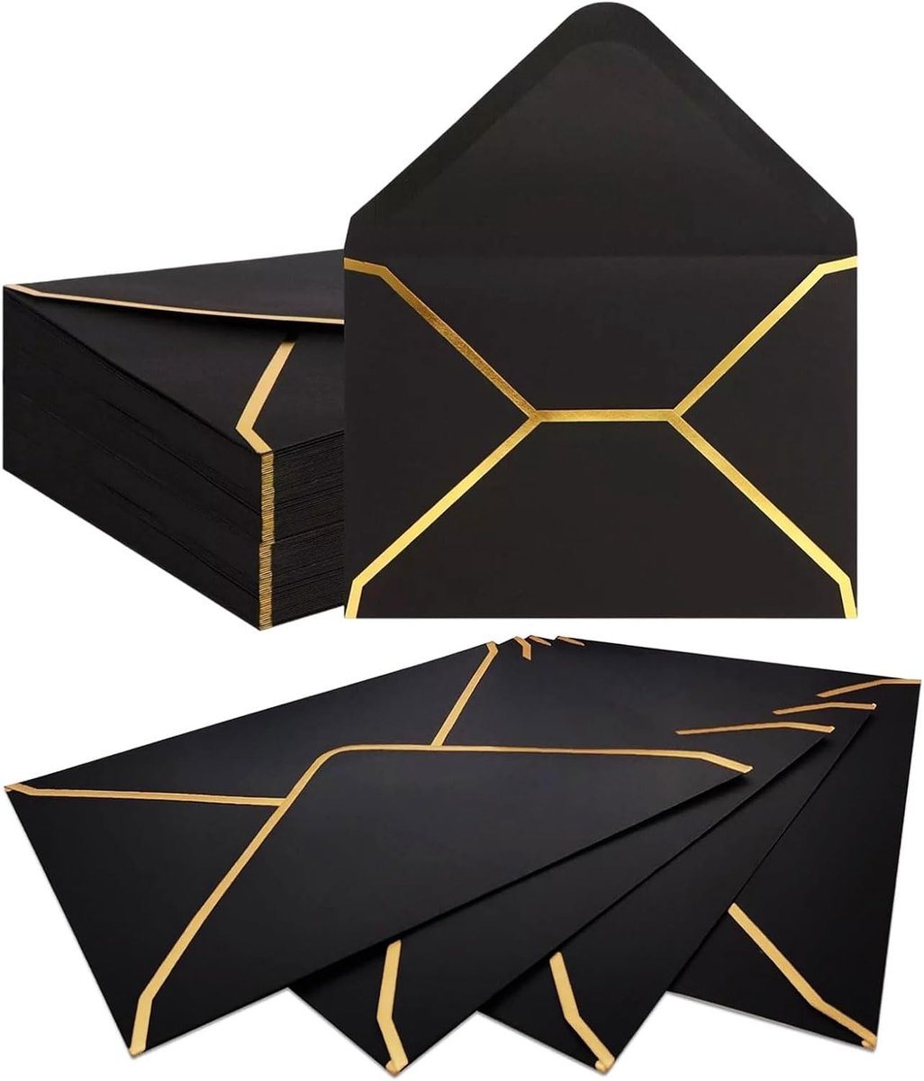 Luxe Papieren Enveloppen - Zwart - 13,5 x 18,5 cm - Kraftpapier met Gouden Rand - Voor Bruiloften en Feesten