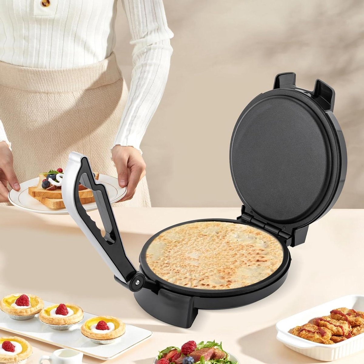 Elektrische Roti Maker Deegpers Pannenkoekenpan Zelf Platbrood Maken Antiaanbaklaag Temperatuurregeling 1200 W Zwart Zilver