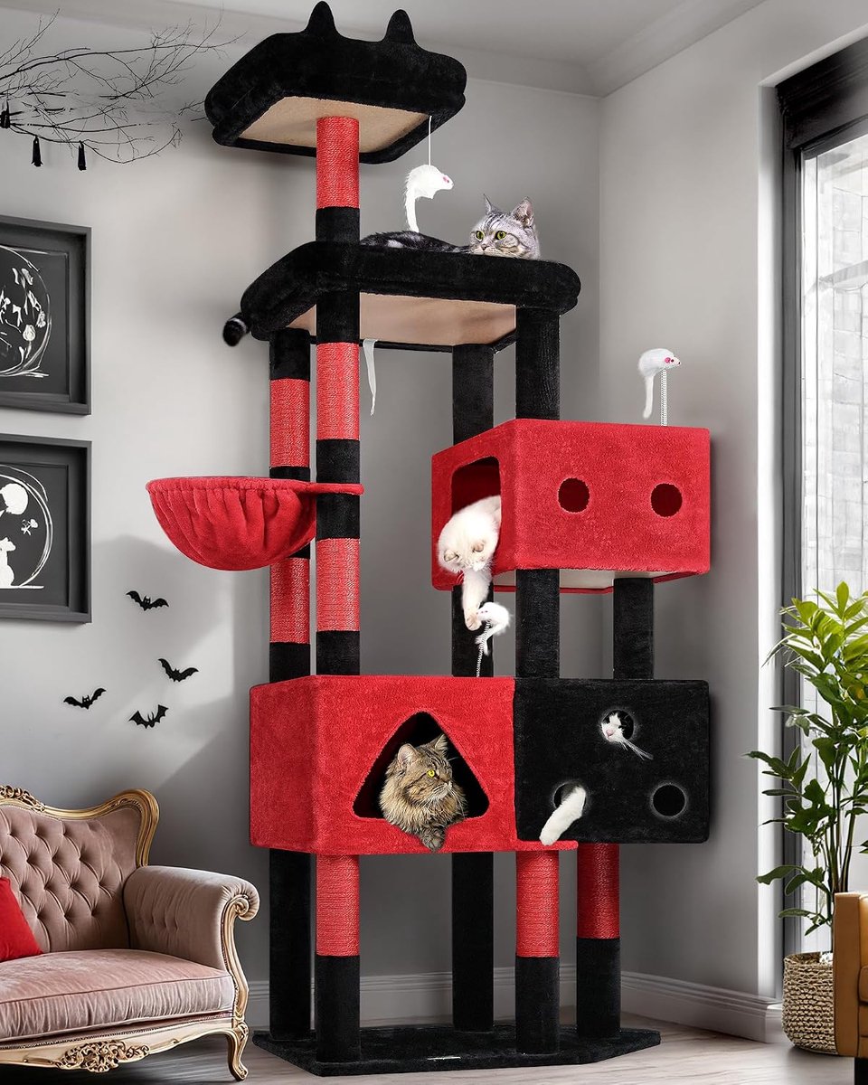 SnelShoppen - Luxe Kattenboom XXL Hoog 207 cm met 3 Huizen en Verhoogde Zachte Platformen - Zwart Rood - Voor 3-5 Grote Katten Binnen
