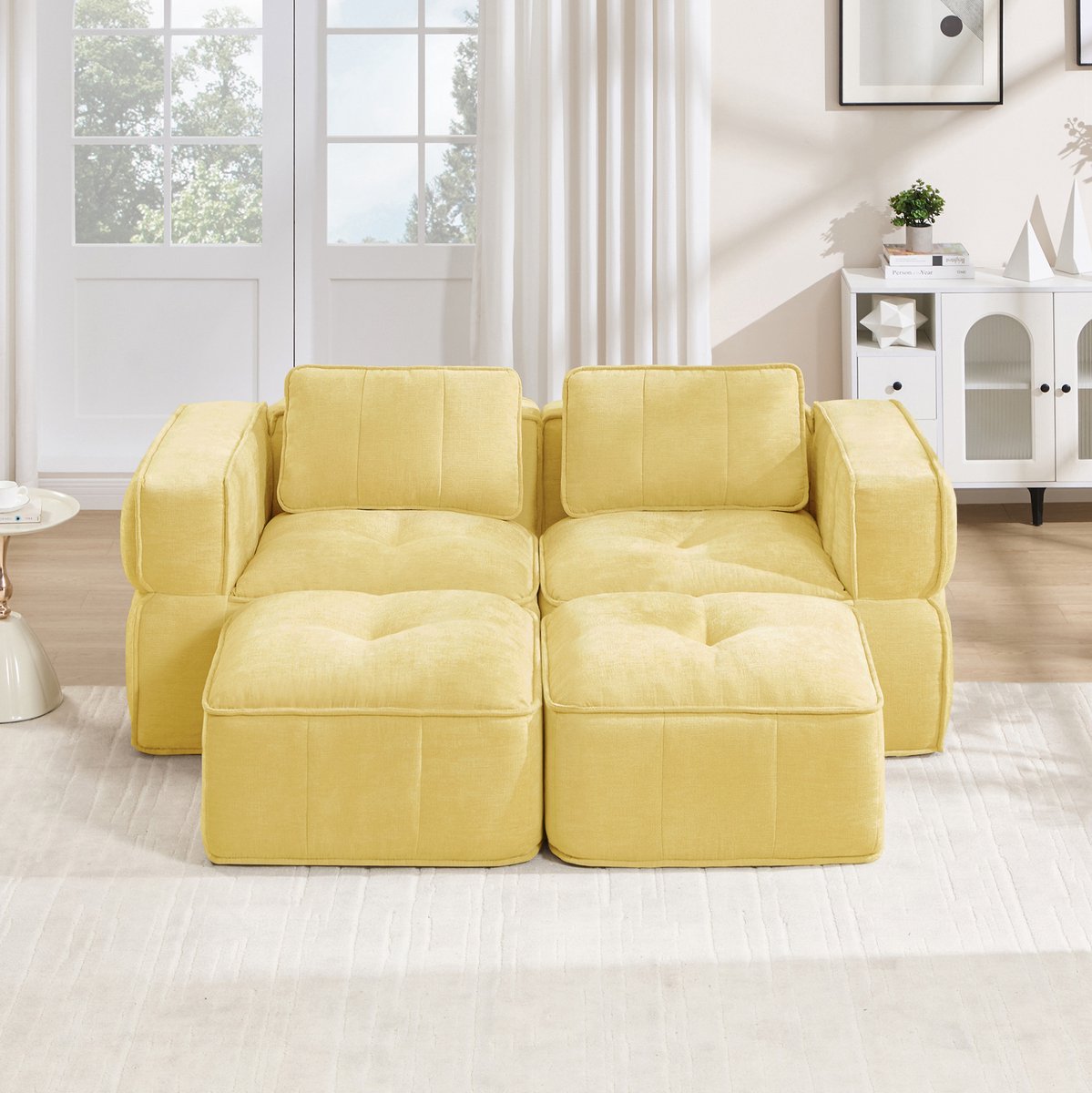 FloraGrace Modulaire Zitbank Set 2-Zits Met 2 Hockers Zonder Stutten Brede Armleuningen Diepe Zitting Voor Woonkamer En Appartement Polyester Geel