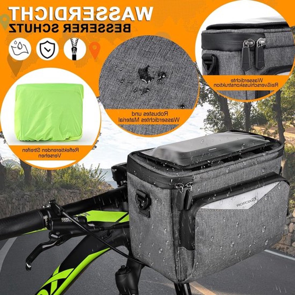 Fiets stuur tas 5.5L met touchscreen, waterdichte mobiele telefoonhouder voor alle smartphones