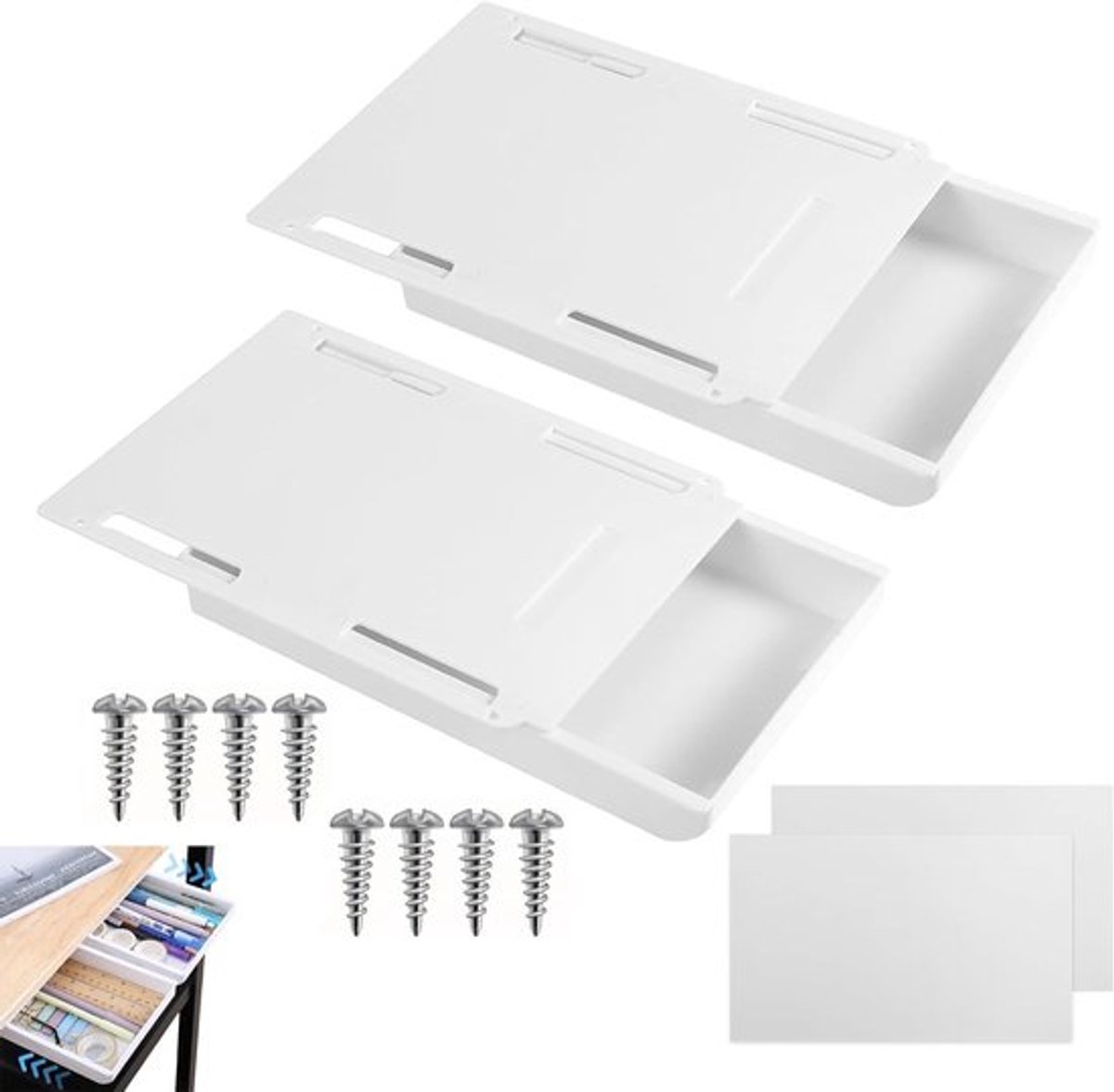 Onderbouw Lade Organizer Set van 2, Zelfklevende Lade voor Bureau, Verbeter je Werkplek en Opbergruimte (Wit)