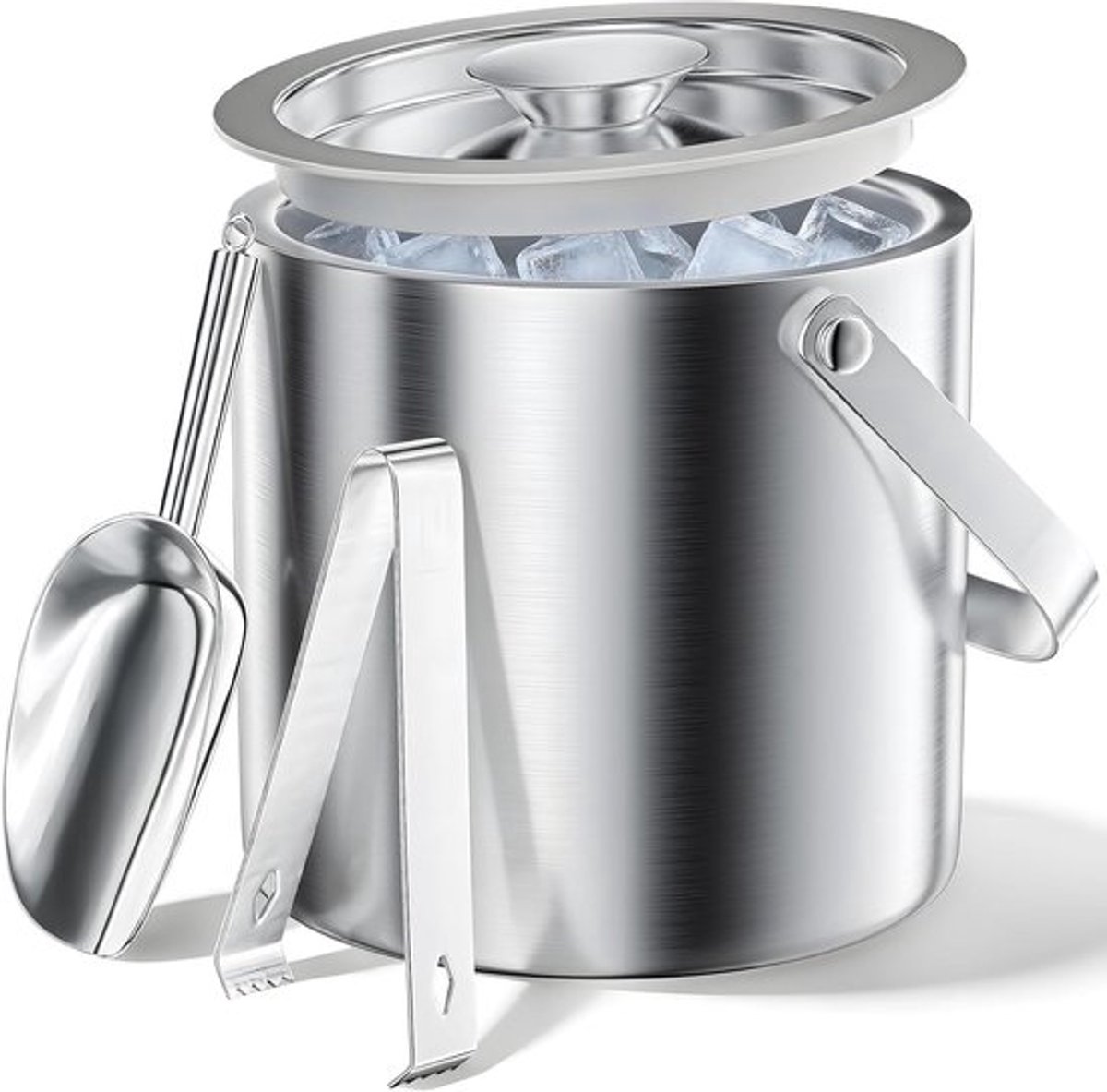 Dubbelwandige geïsoleerde ijsemmerset van roestvrij staal met deksel, ijsschep en tang - perfect voor cocktails, feesten en thuisbars, houdt ijs langer bevroren
