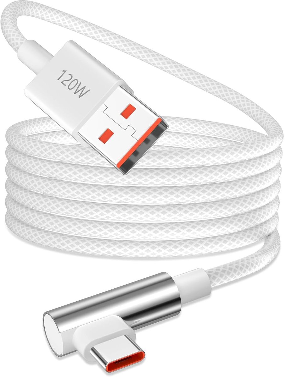 Snelle 120W USB C-kabel 6A oplaadkabel voor smartphones, 90 graden hoek, 2 meter lang, nylon datakabel voor snelladen en gegevensoverdracht